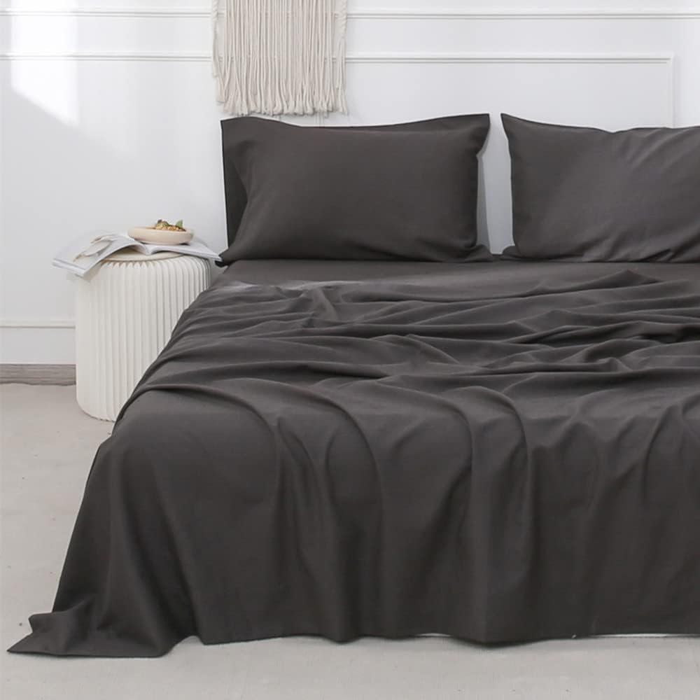 Linen Sheet Set Solid Color - 4 Pieces (1 Flat Sheet, 1 Fitted Sheet & 2 Pillowcases) Natural Flax Cotton Blend Soft Breathable Farmhouse Bedding - Full Size, Dark Grey