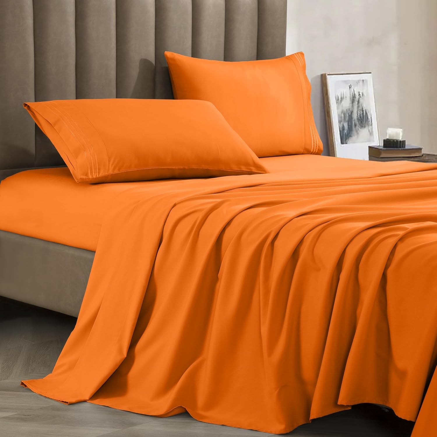 Premium 1800 Hotel Quality Wrinkle-Resistant 4-Piece Microfiber Sheet Set - Luxury Ultra Soft and Breathable Bedding 16 Inch Deep Pocket 4PC Sheet Set, Twin, Orange