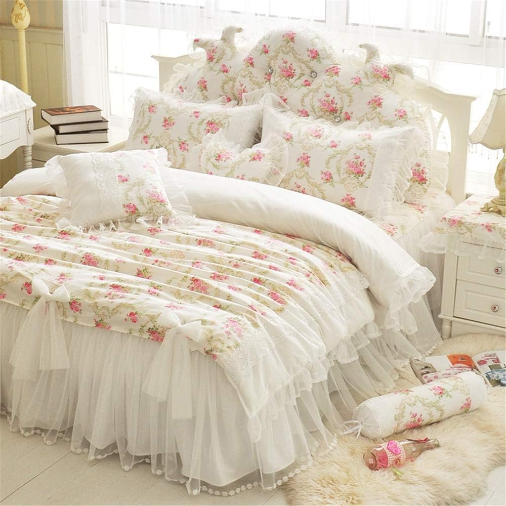 Girls Bedding Set Lace Ruffle Duvet Cover Sets with Bed Skirt Princess Bedding Set Vintage Floral Print Duvet Cover Twin Size 4 Piece (Queen, White)
