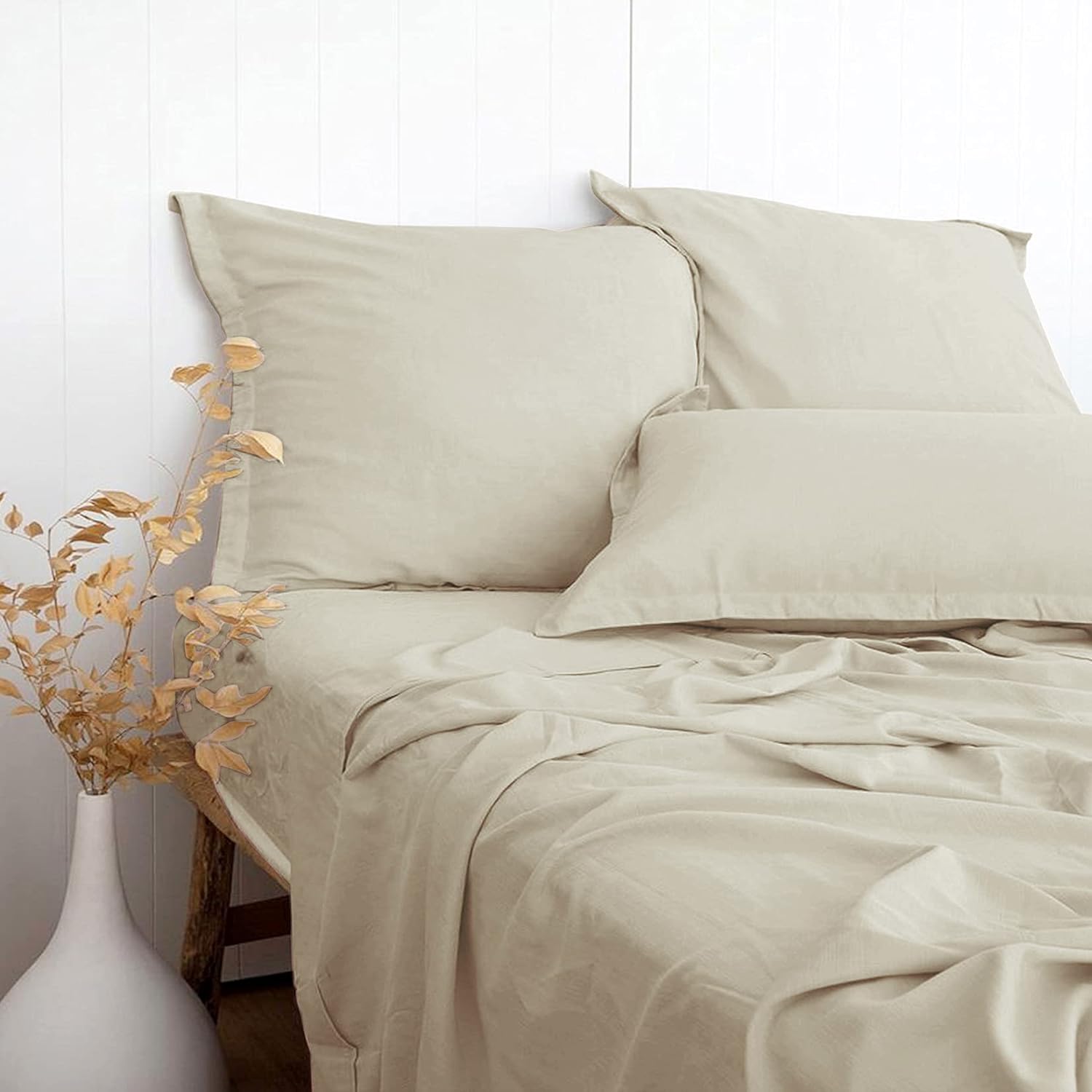 Beige Linen-Textured Bed Sheets Set, Bamboo Rayon, Cotton, Linen Blend Bed Sheets Queen Size, Soft Cool & Breathable for Hot Sleepers,Durable Natural Organic Bed 15'' Deep Pocket - 4 Piece