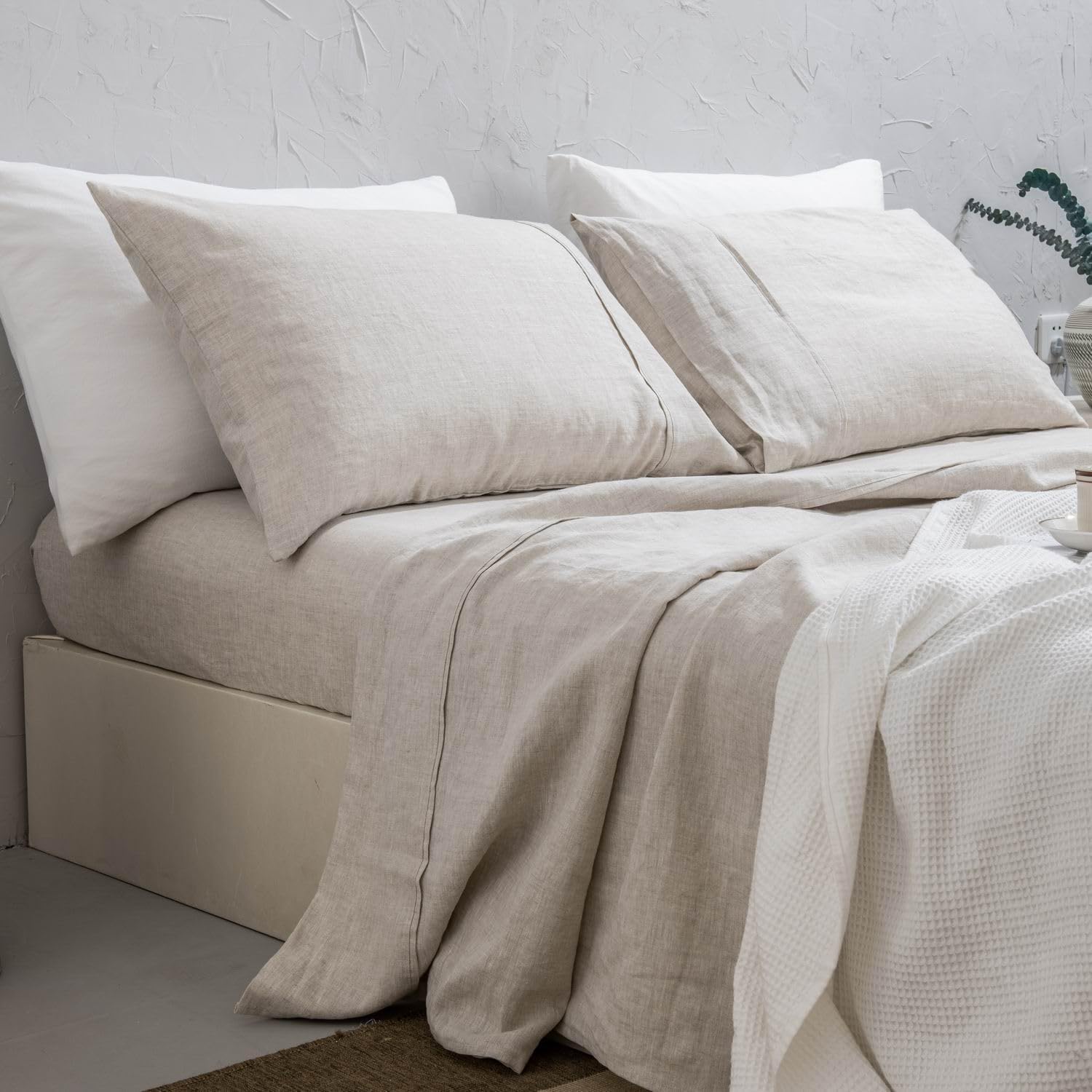 100% Washed Linen Sheet Set-Queen Size-Natural Linen-4 Pieces (1 Flat Sheet, 1 Fitted Sheet & 2 Pillowcases), 16" Deep Pocket, Breathable,Ultra Soft and Durable
