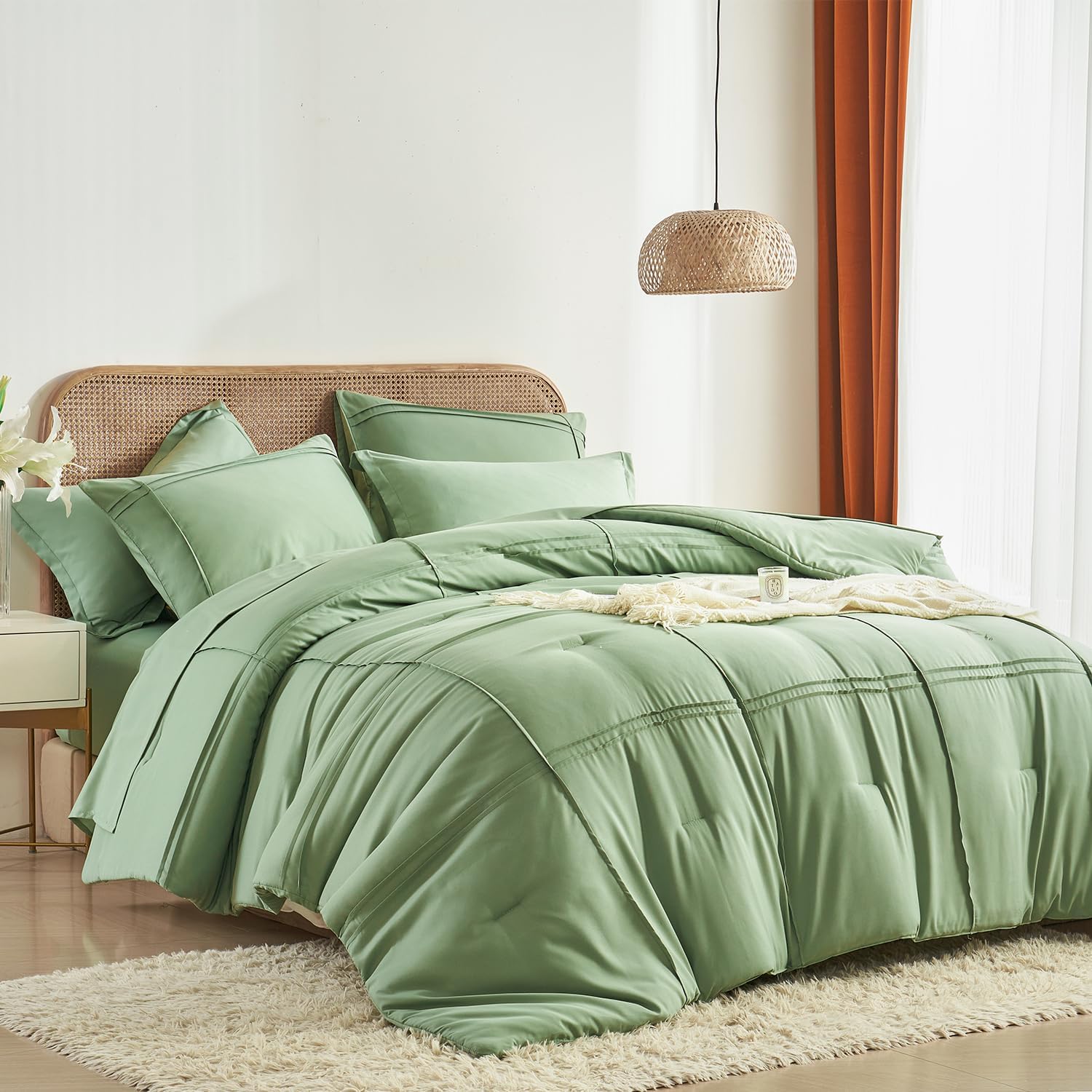 Full Size Comforter Set 7 Piece Bed in a Bag,Grid Pinch Pleat Sage Green Bedding Set,Striped Textured Soft Microfiber Comforter with Sheet Set,All Season Complete Bed Set(Sage Green,Full)
