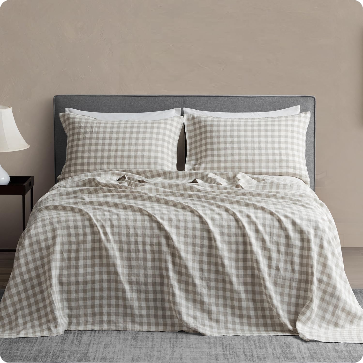 Pure Linen Sheets Set, Gingham Check Plaid 100% Washed Linen Bedding with Envelope Closure, 4 PCs Hypoallergenic Soft Linen Sheets Set, Geometric Checkered Pattern in Beige & White, Queen Size