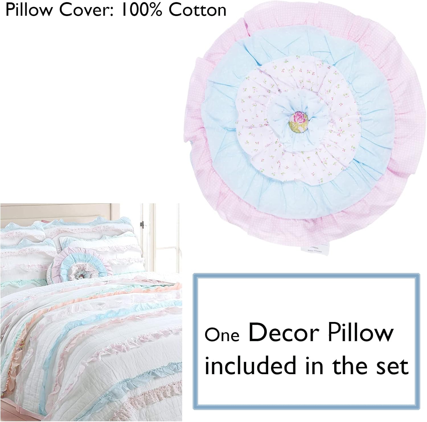 Light Pink Blue Coral White Ruffle 100% Cotton Reversible Girl Quilt Bedding Set, Reversible Coverlet Bedspread (Shabby Chic, Queen - 4 Piece) - Image 2