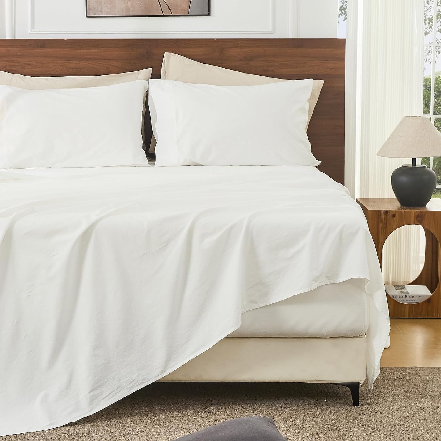 100% Linen Sheets King Size 18-24”Extra Deep Pocket 4-Piece Set Breathable & Moisture-Wicking,Soft & Durable Sheets for Thick Mattresses(White)