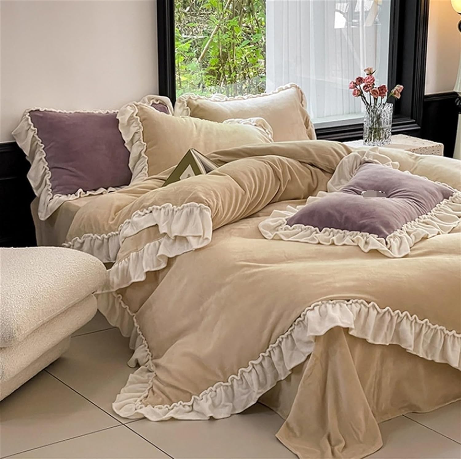 Bed Sheet Set Bedding Sheet Set Ruffles Duvet Set 4 Piece Bedding Set Warm Milk Velvet Flat Bed Sheet Quilt Cover Bedset Bed Sheet Beddings(Yellow,1.5m) - Image 2