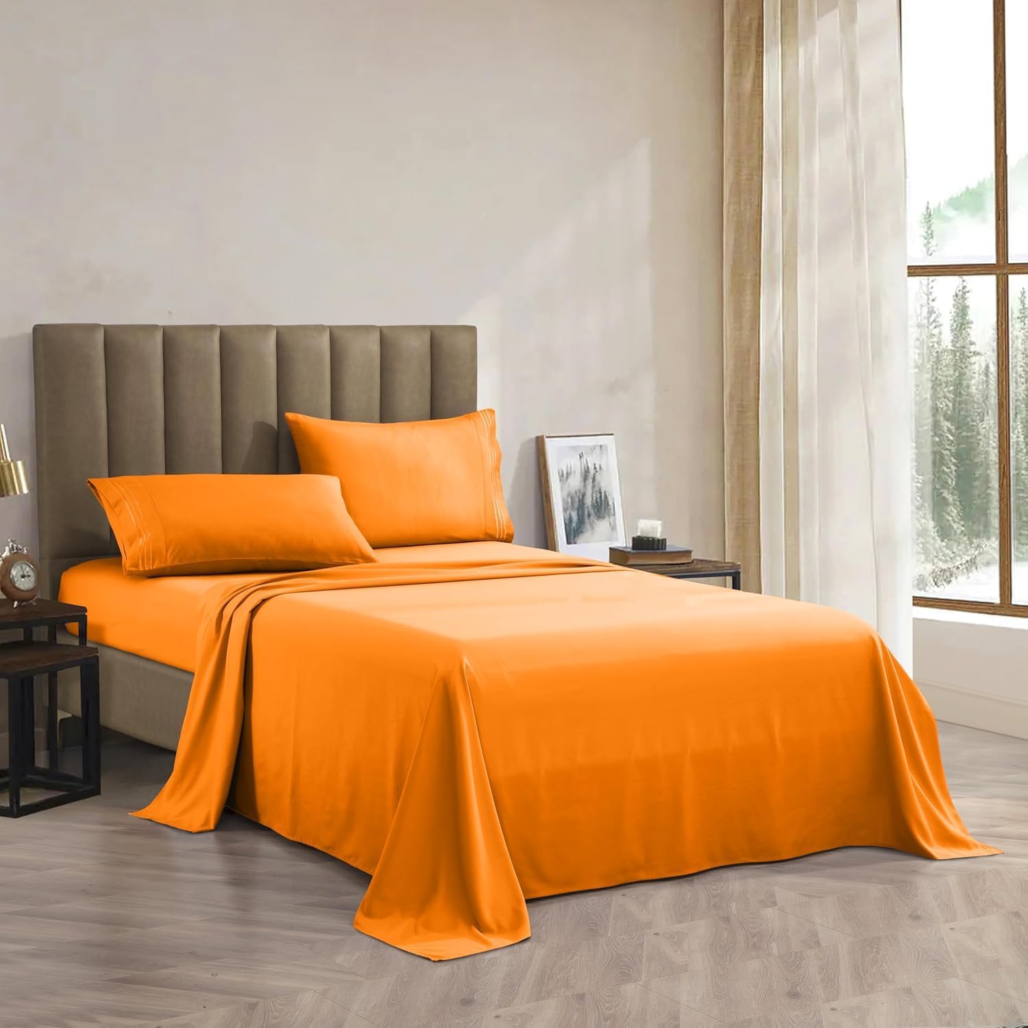 Premium 1800 Hotel Quality Wrinkle-Resistant 4-Piece Microfiber Sheet Set - Luxury Ultra Soft and Breathable Bedding 16 Inch Deep Pocket 4PC Sheet Set, Twin, Orange - Image 2