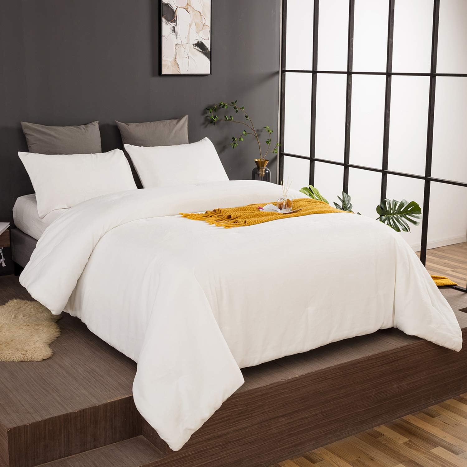 White Velvet Comforter Set Full Fluffy All White Bedding Comforter Set Flannel Plush Cozy Blanket Quilts Winter Thick Warm Sherpa Micromink Solid White Comforter Set with 2 Pillowcases - Image 2