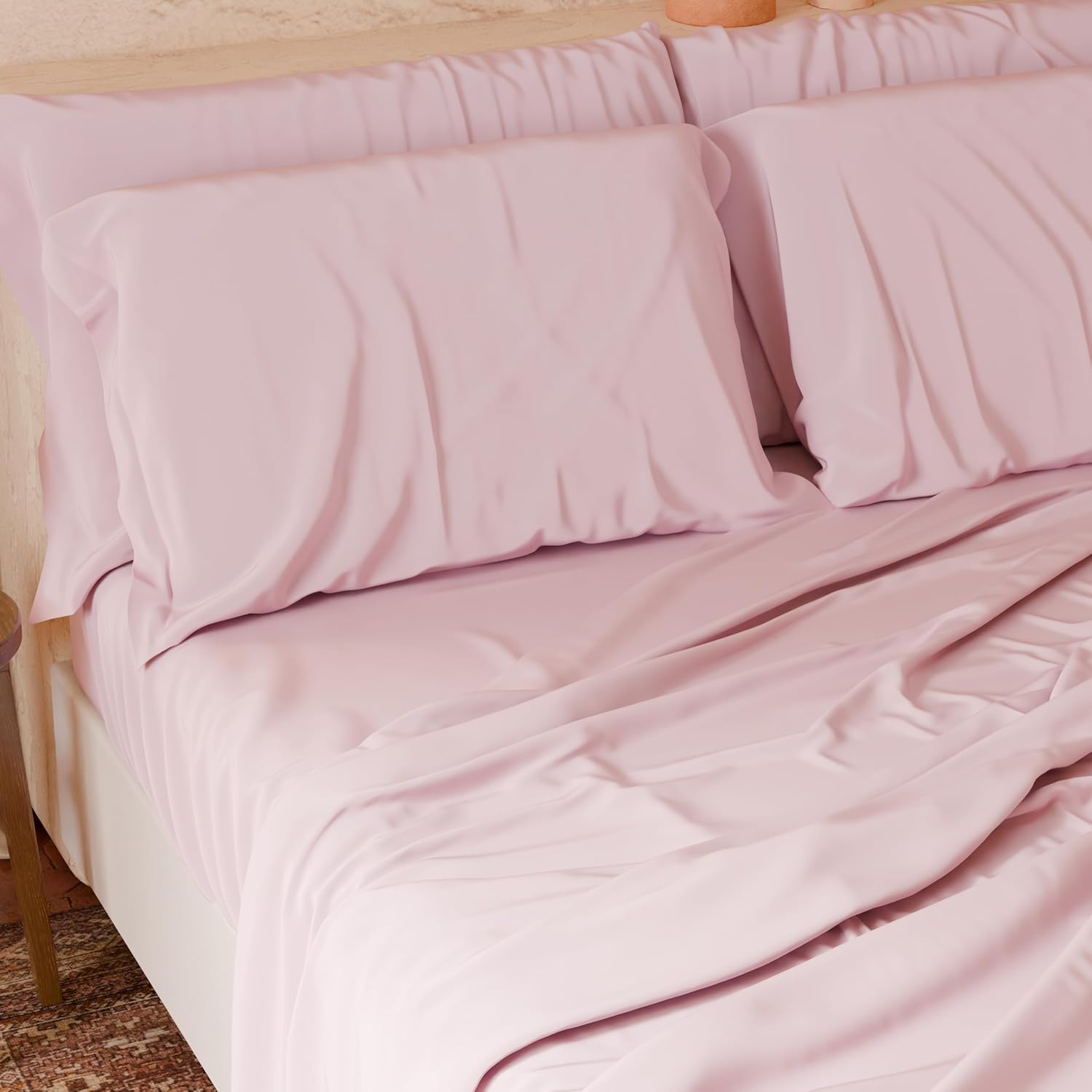 - 4 Piece Bedding Set for Double Bed Soft and Breathable Bedding Set with Top Sheet, Fitted Sheet with Elastic Corners and 2 Pillowcases, Pink