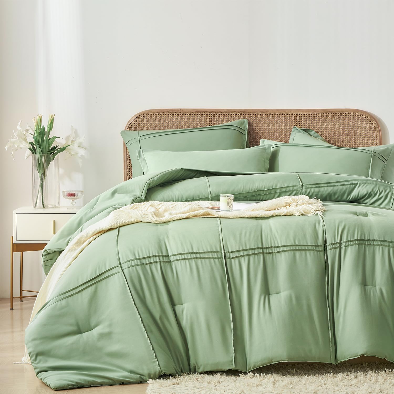 Full Size Comforter Set 7 Piece Bed in a Bag,Grid Pinch Pleat Sage Green Bedding Set,Striped Textured Soft Microfiber Comforter with Sheet Set,All Season Complete Bed Set(Sage Green,Full) - Image 2