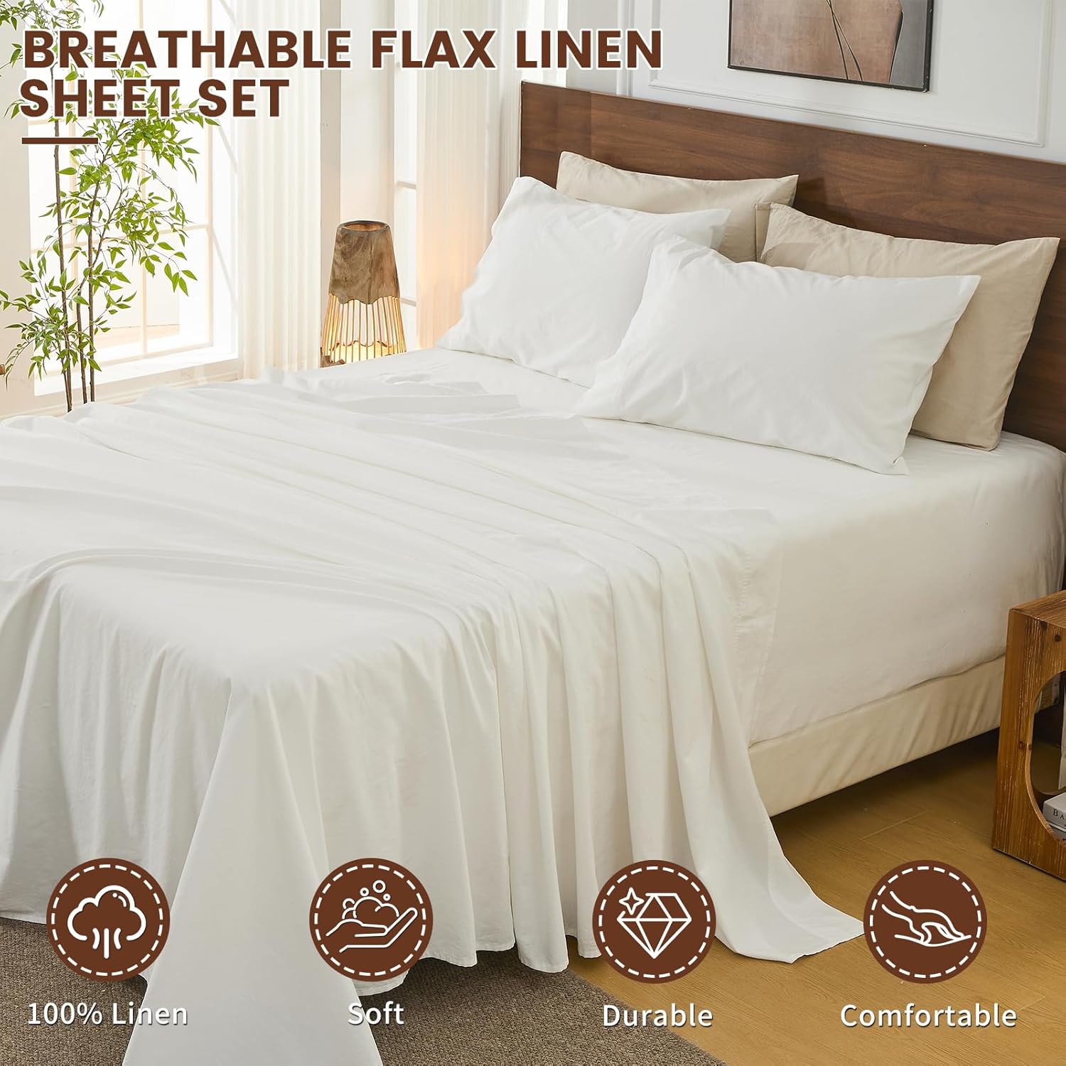 100% Linen Sheets King Size 18-24”Extra Deep Pocket 4-Piece Set Breathable & Moisture-Wicking,Soft & Durable Sheets for Thick Mattresses(White) - Image 2
