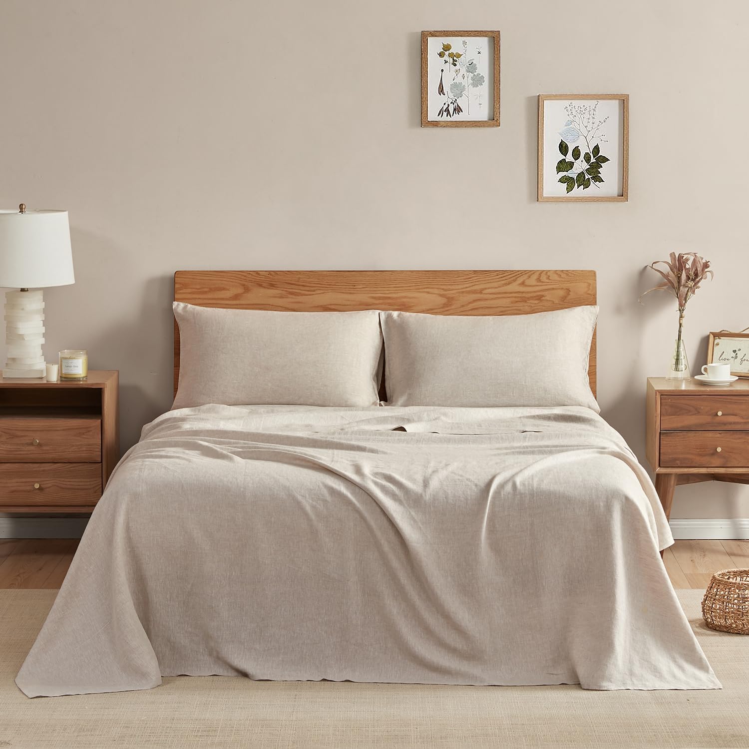 Pure Linen Sheets Set, 100% Linen from Normandy, Breathable and Durable for Hot Sleepers, 4 Pcs Set - 1 Flat Sheet, 1 Fitted Sheet, 2 Pillowcases (Natural Linen, Queen)
