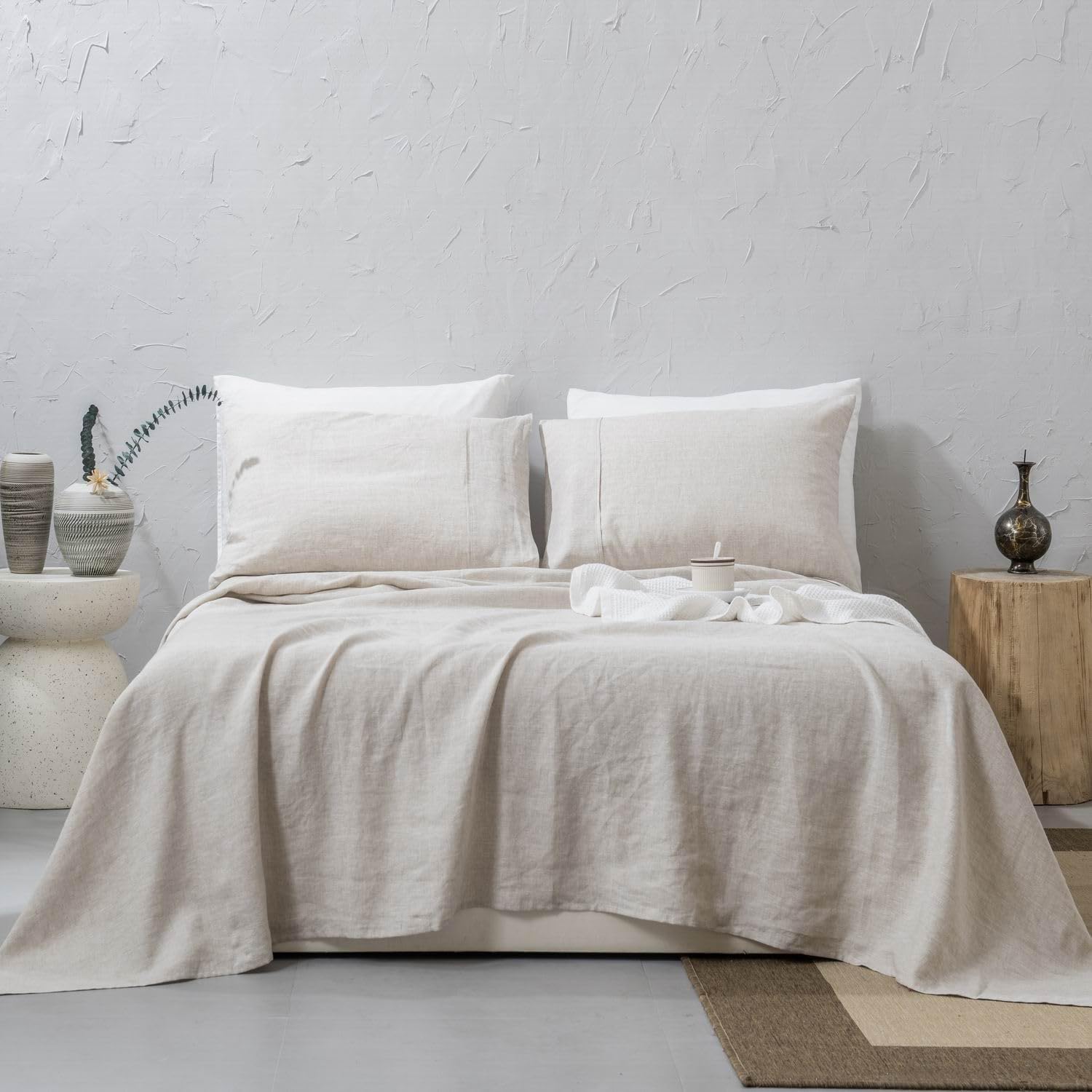100% Washed Linen Sheet Set-Queen Size-Natural Linen-4 Pieces (1 Flat Sheet, 1 Fitted Sheet & 2 Pillowcases), 16" Deep Pocket, Breathable,Ultra Soft and Durable - Image 2