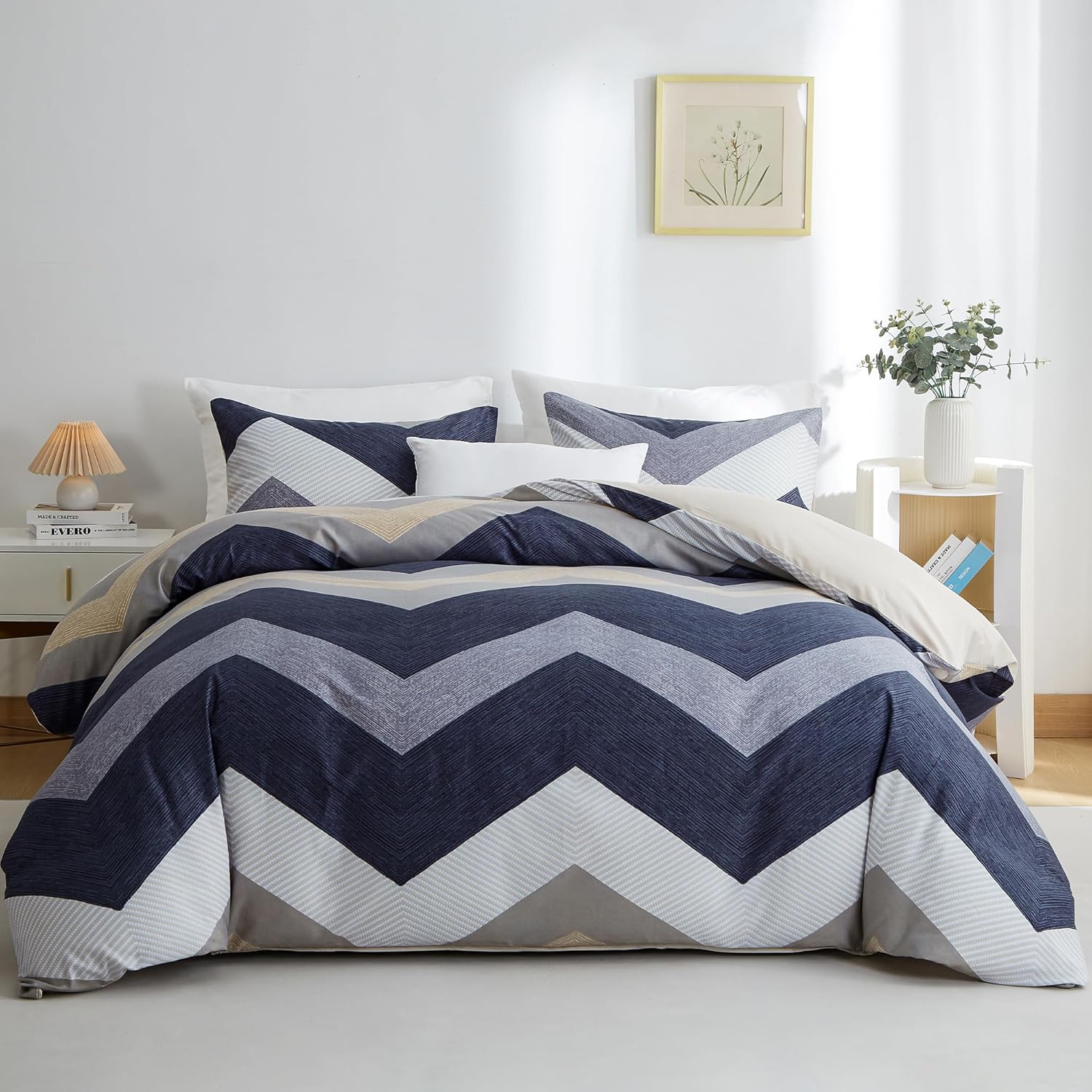 Wavy Striped Queen Duvet Cover Set, Blue Geometric Zipper Duvet Cover 90"x90" with 2 Pillow Sham 20"x26", 3 Pieces Soft Breathable Single Bedding Sets with 4 Corner Ties