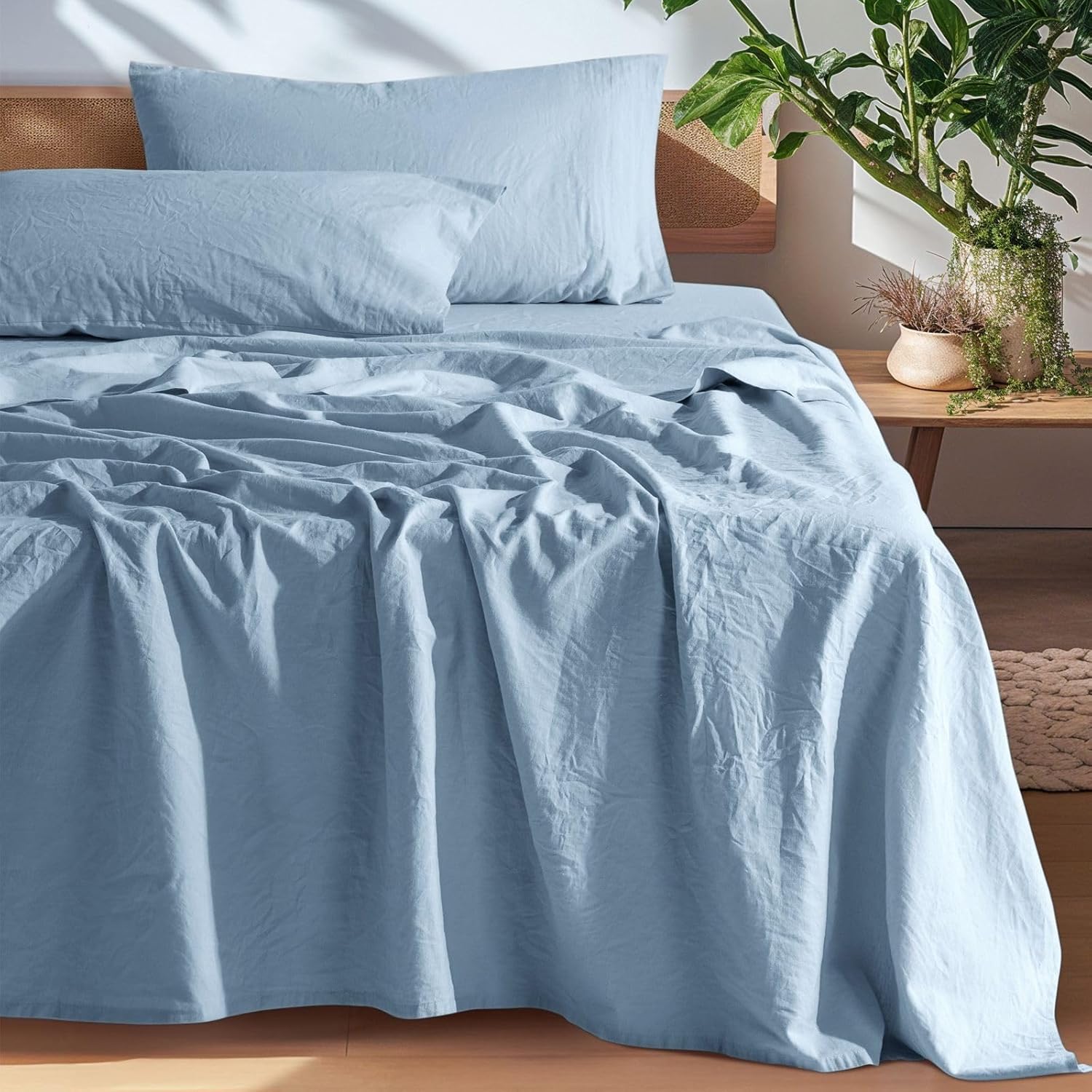 100% Pure Linen Sheets, Breathable and Durable Linen King Size Sheets, Anti-Tear Linen Bed Sheets, Machine Washable, 16 Inch Deep Pocket - 4 Piece (Dusty Blue, King)