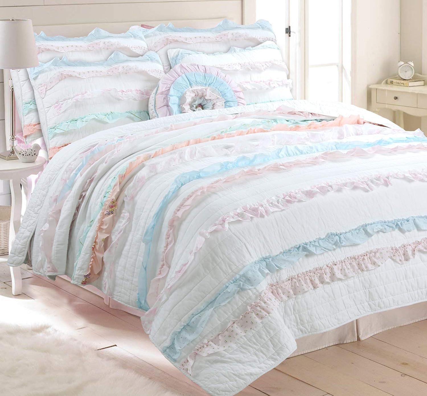 Light Pink Blue Coral White Ruffle 100% Cotton Reversible Girl Quilt Bedding Set, Reversible Coverlet Bedspread (Shabby Chic, Queen - 4 Piece)
