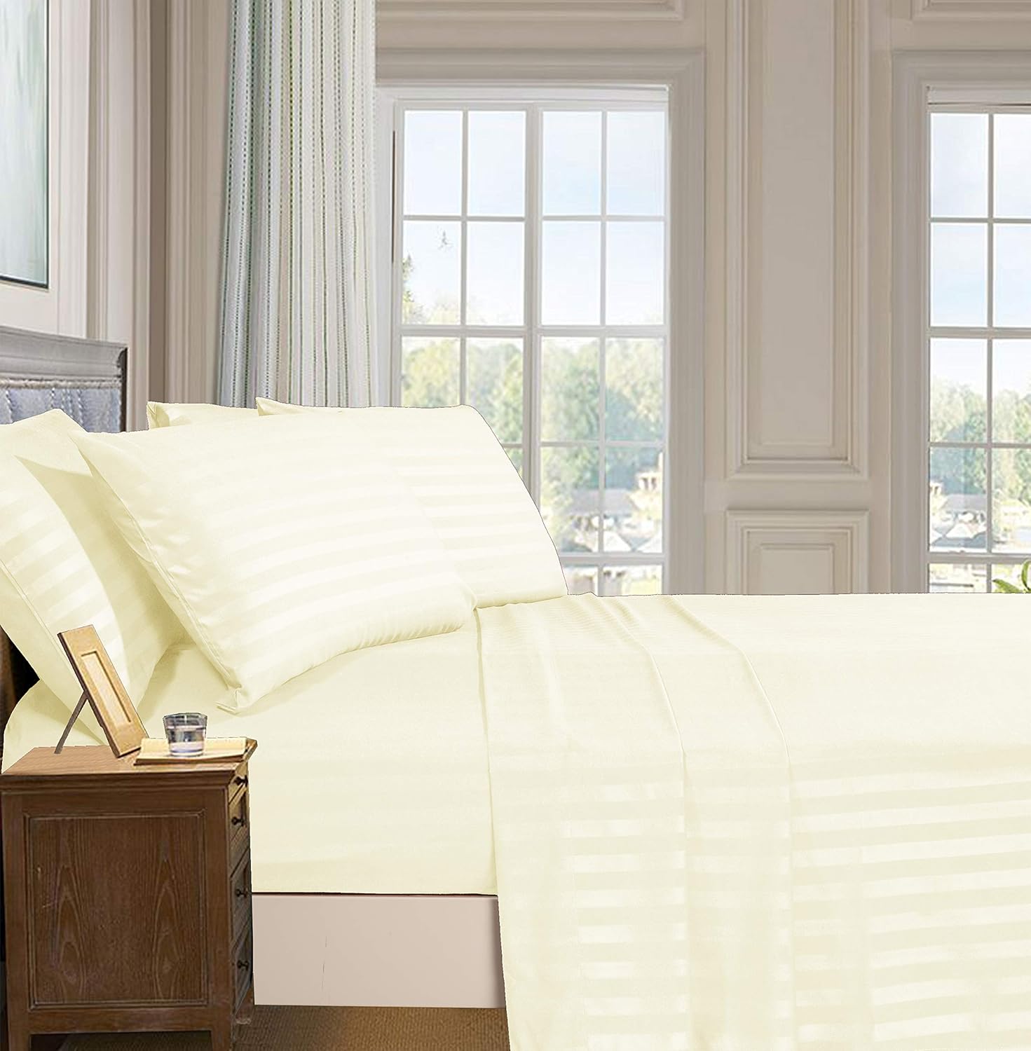 Softest and Coziest 4-Piece Sheet Set - 1500 Premium Hotel Quality Microfiber - Luxurious Wrinkle Resistant 4-Piece Damask Stripe Bed Sheet Set, Twin, Ivory - Image 2