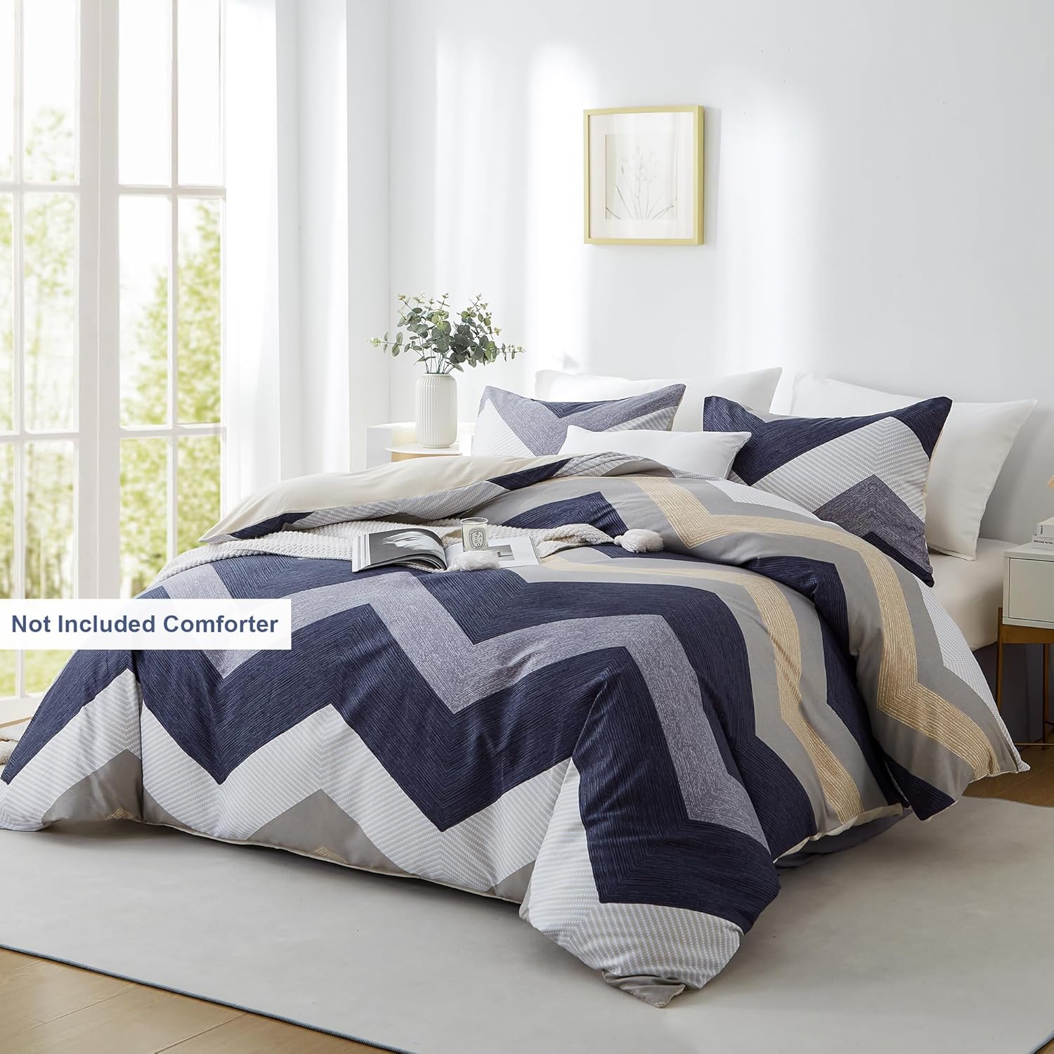 Wavy Striped Queen Duvet Cover Set, Blue Geometric Zipper Duvet Cover 90"x90" with 2 Pillow Sham 20"x26", 3 Pieces Soft Breathable Single Bedding Sets with 4 Corner Ties - Image 2
