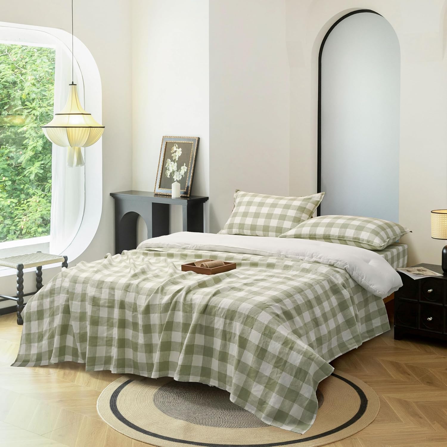 Linen Sheets Set Queen Size,100% Stonewash Pure Linen Sheets Set,4Pieces (1Flat Sheet,1Fitted Sheet,2Pillowcase) Suitable for Hot Sleepers,Deep Pocket Natural Bedding Set-Green Plaid - Image 2