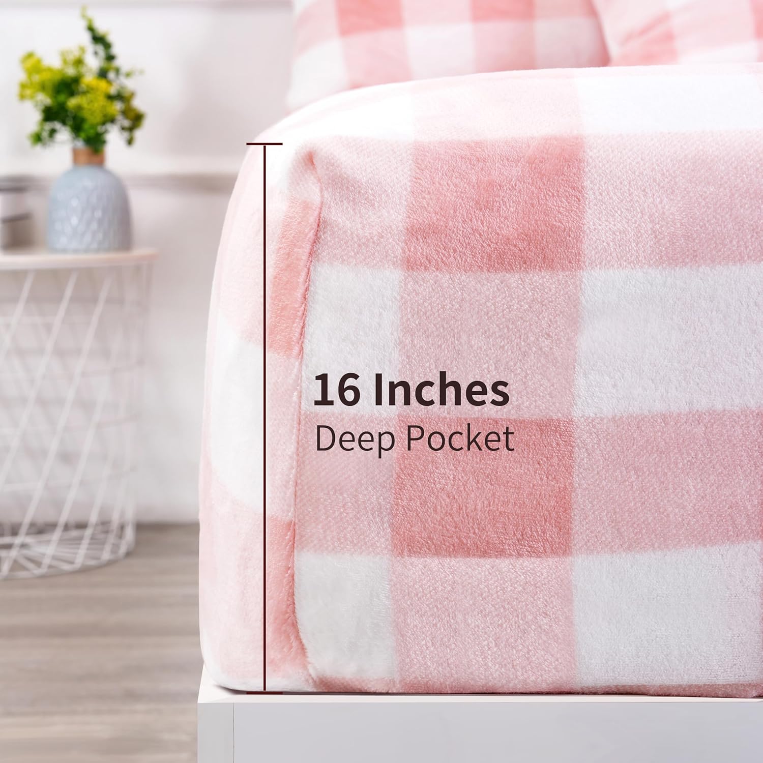 Micro Fleece Checkered Bed Sheet Set Full Size- Ultra-Soft Velvet Plush Bed Sheets with Deep Pockets,No Pilling,Cozy Warmth for All Season - 4 Piece Set (Full, Buffalo Plaid - Pink/White) - Image 2
