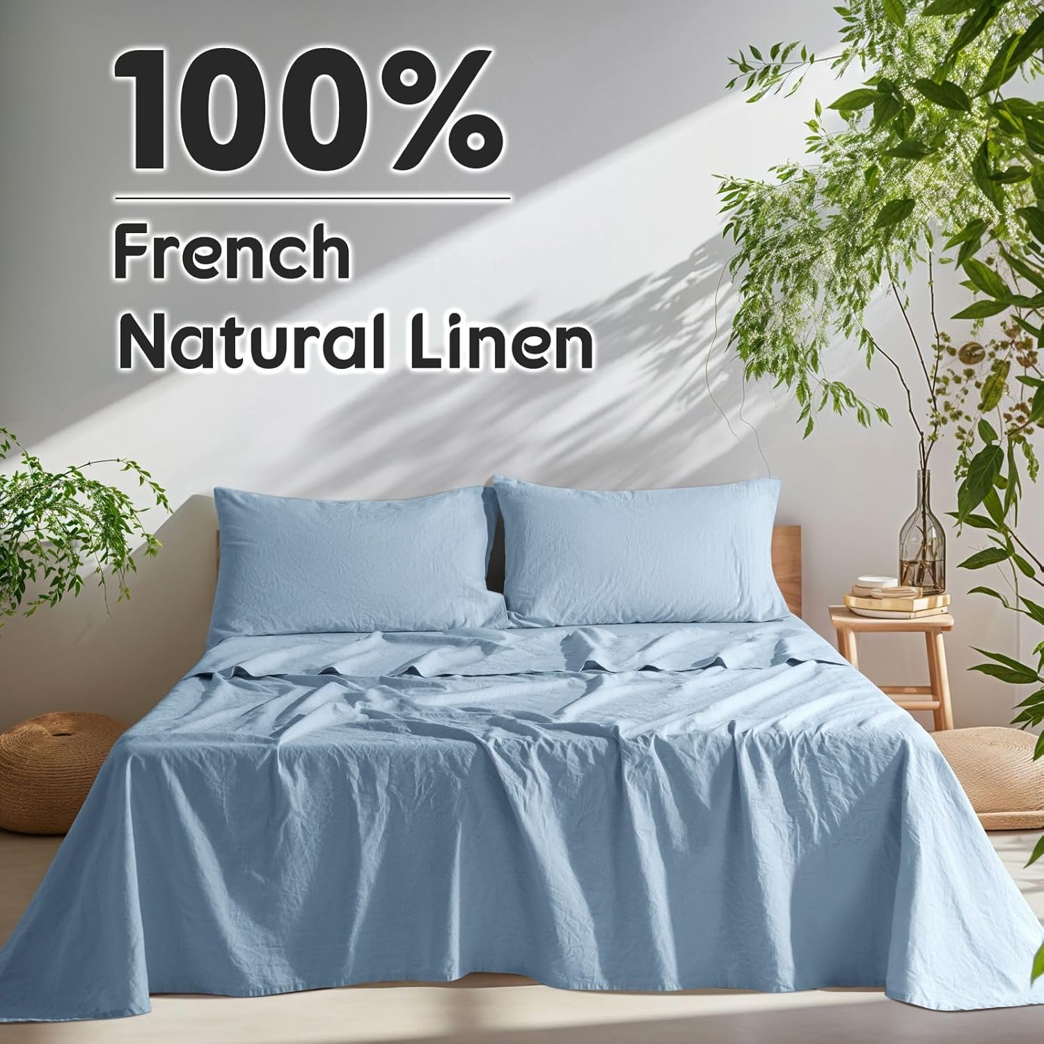 100% Pure Linen Sheets, Breathable and Durable Linen King Size Sheets, Anti-Tear Linen Bed Sheets, Machine Washable, 16 Inch Deep Pocket - 4 Piece (Dusty Blue, King) - Image 2