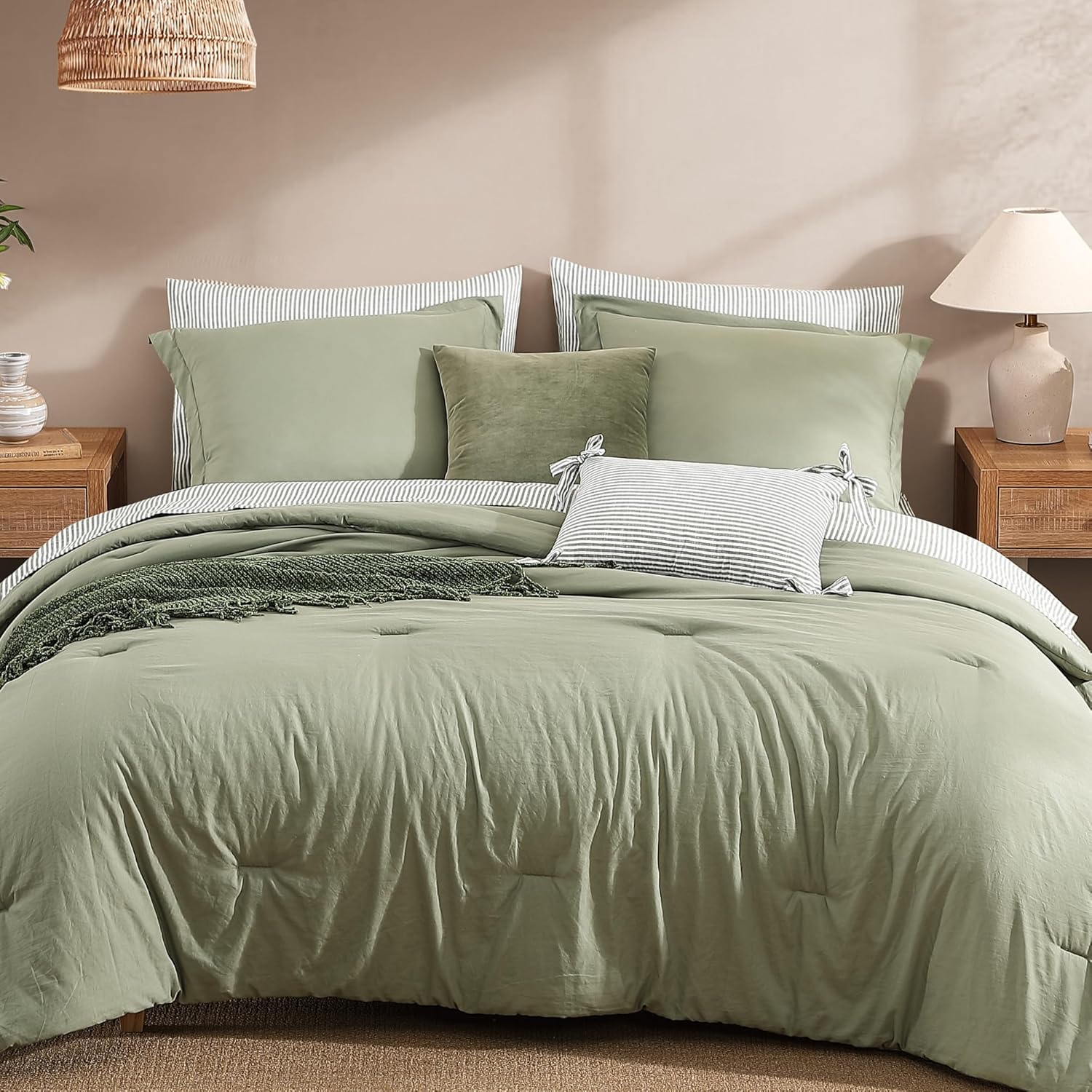 Queen Comforter Set - 7 Pieces Olive Green Prewashed Bed in a Bag Queen Bedding Sets with Comforters, All Seasons Down Alternative Comforter Bed Set with Sheets,Pillowcases & Shams