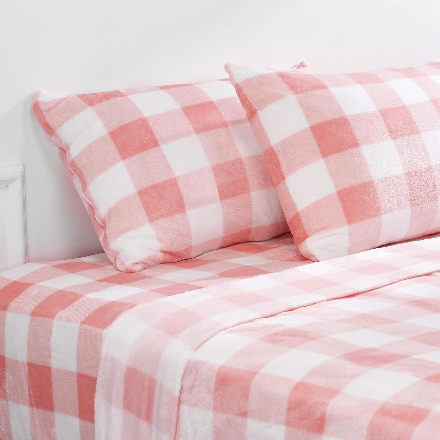 Micro Fleece Checkered Bed Sheet Set Full Size- Ultra-Soft Velvet Plush Bed Sheets with Deep Pockets,No Pilling,Cozy Warmth for All Season - 4 Piece Set (Full, Buffalo Plaid - Pink/White)