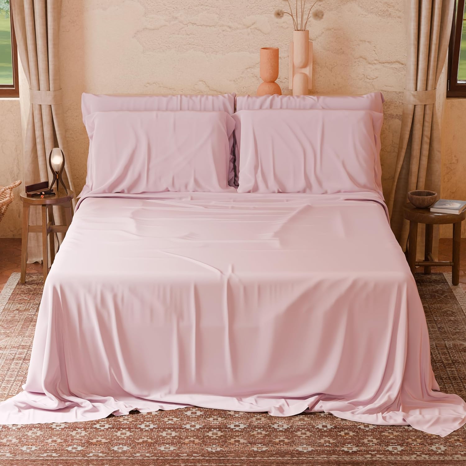 - 4 Piece Bedding Set for Double Bed Soft and Breathable Bedding Set with Top Sheet, Fitted Sheet with Elastic Corners and 2 Pillowcases, Pink - Image 2