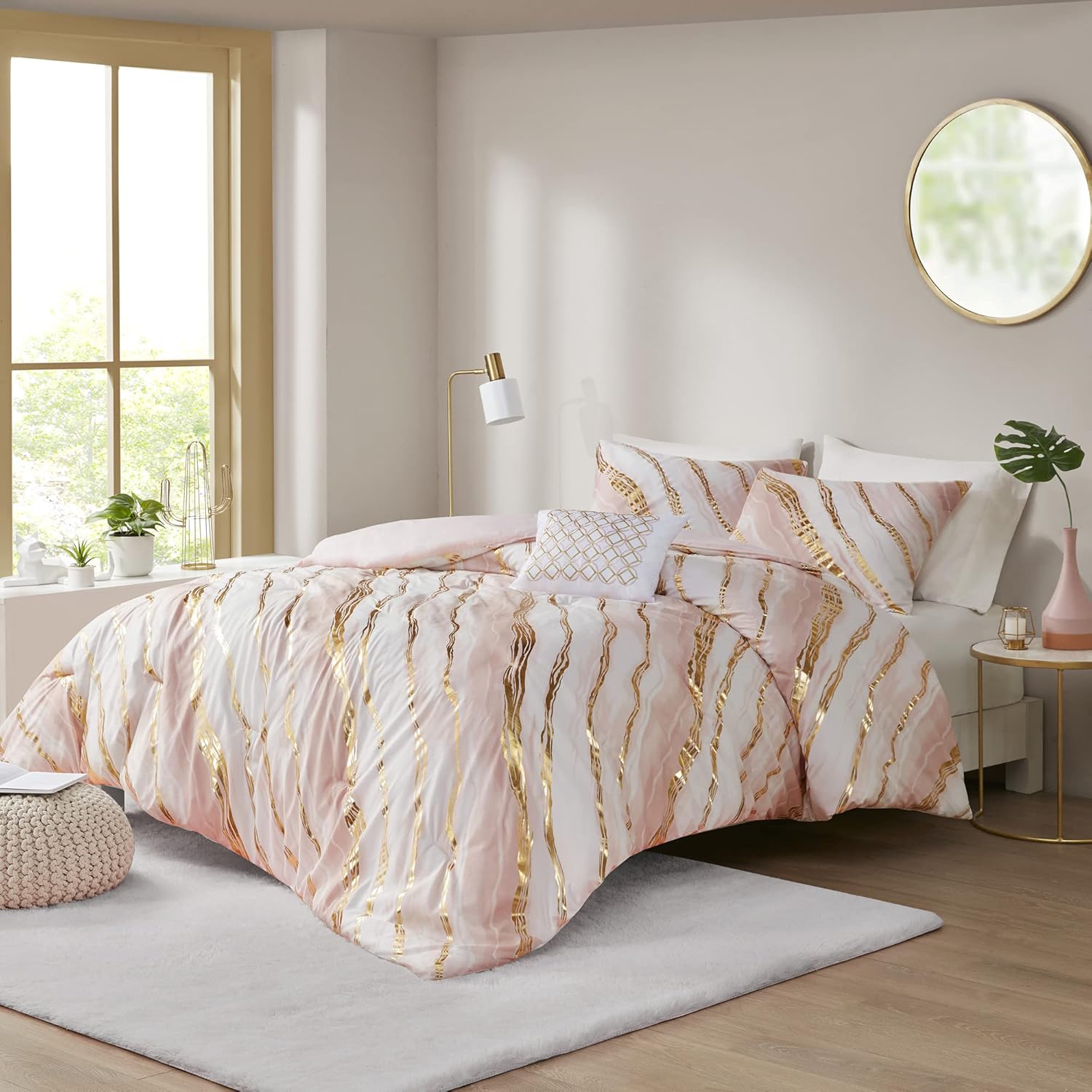 Metallic Comforter Fun Print for Girls Bedroom Modern Bedding Set, All Season Cover, Matching Sham, Full/Queen(90"x90"), Abstract Marble Blush 4 Piece - Image 2