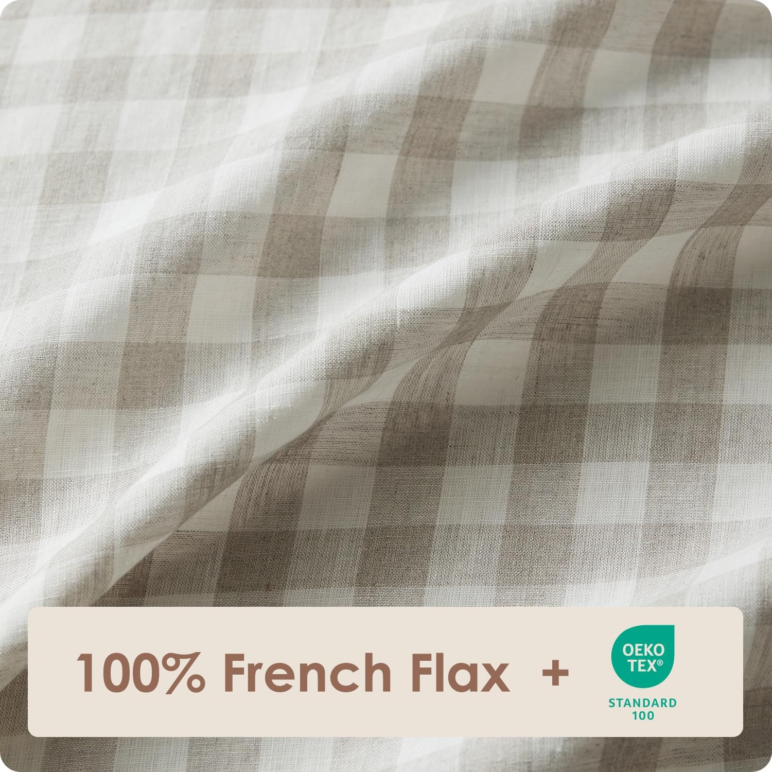 Pure Linen Sheets Set, Gingham Check Plaid 100% Washed Linen Bedding with Envelope Closure, 4 PCs Hypoallergenic Soft Linen Sheets Set, Geometric Checkered Pattern in Beige & White, Queen Size - Image 2