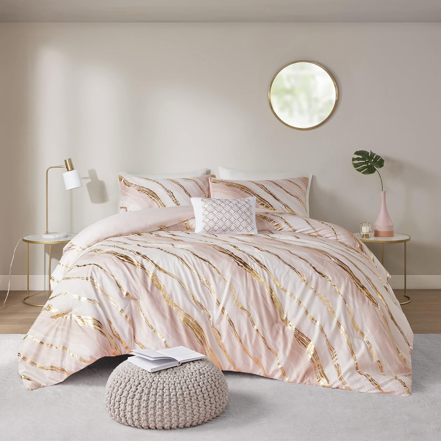Metallic Comforter Fun Print for Girls Bedroom Modern Bedding Set, All Season Cover, Matching Sham, Full/Queen(90"x90"), Abstract Marble Blush 4 Piece