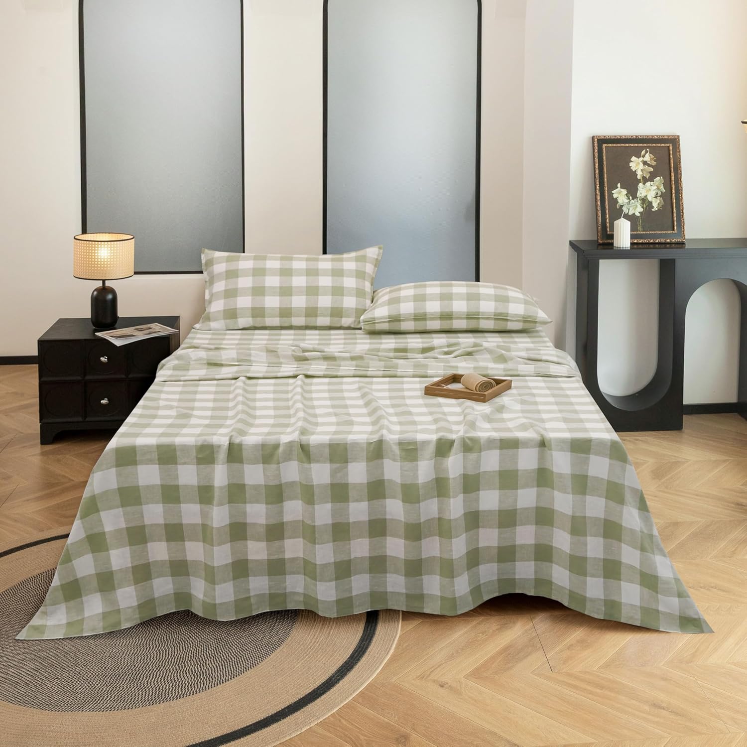 Linen Sheets Set Queen Size,100% Stonewash Pure Linen Sheets Set,4Pieces (1Flat Sheet,1Fitted Sheet,2Pillowcase) Suitable for Hot Sleepers,Deep Pocket Natural Bedding Set-Green Plaid