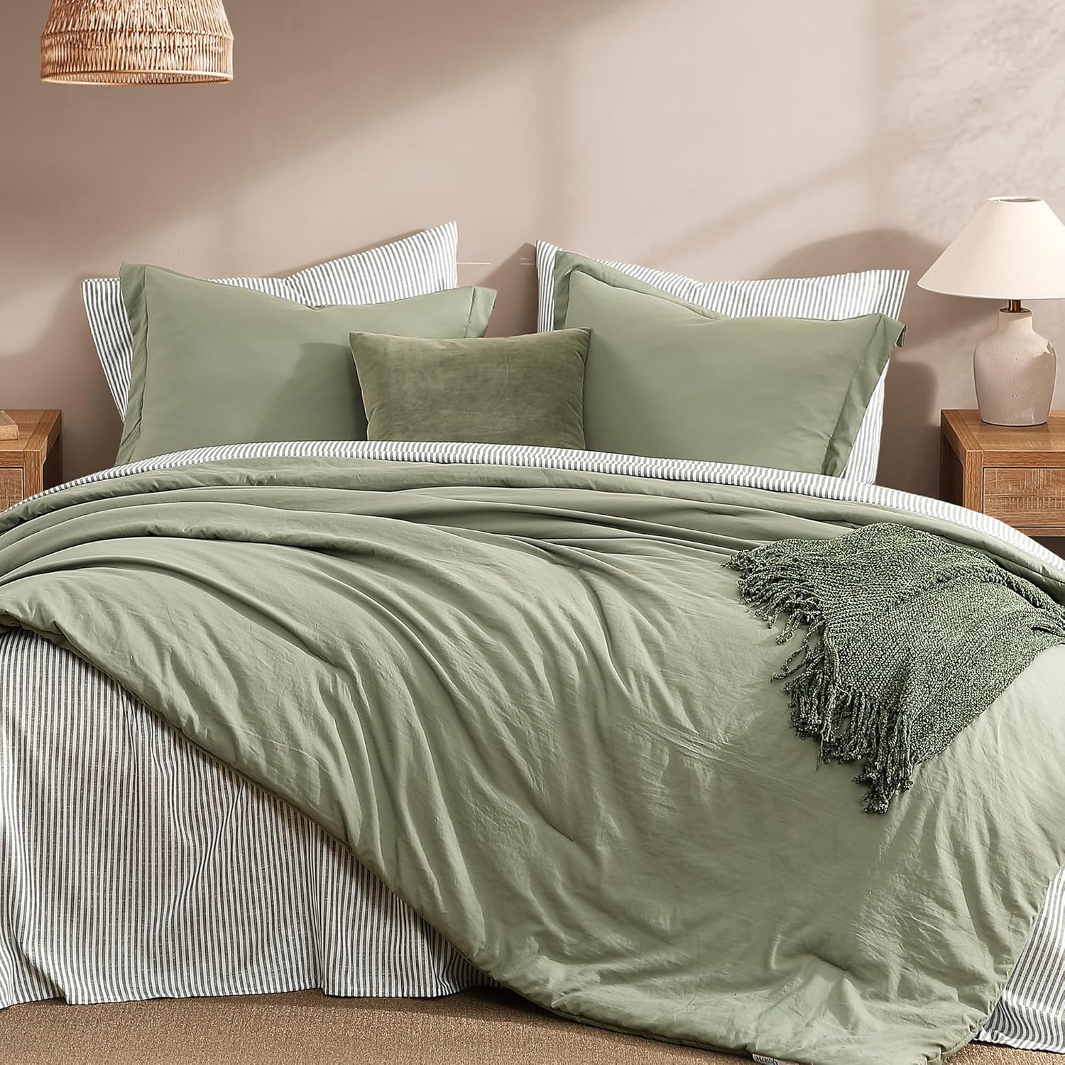 Queen Comforter Set - 7 Pieces Olive Green Prewashed Bed in a Bag Queen Bedding Sets with Comforters, All Seasons Down Alternative Comforter Bed Set with Sheets,Pillowcases & Shams - Image 2