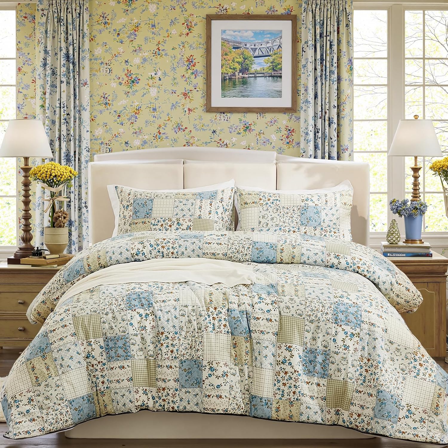Blue Plant Pattern Pure Cotton Duvet Cover Set (3-Piece)