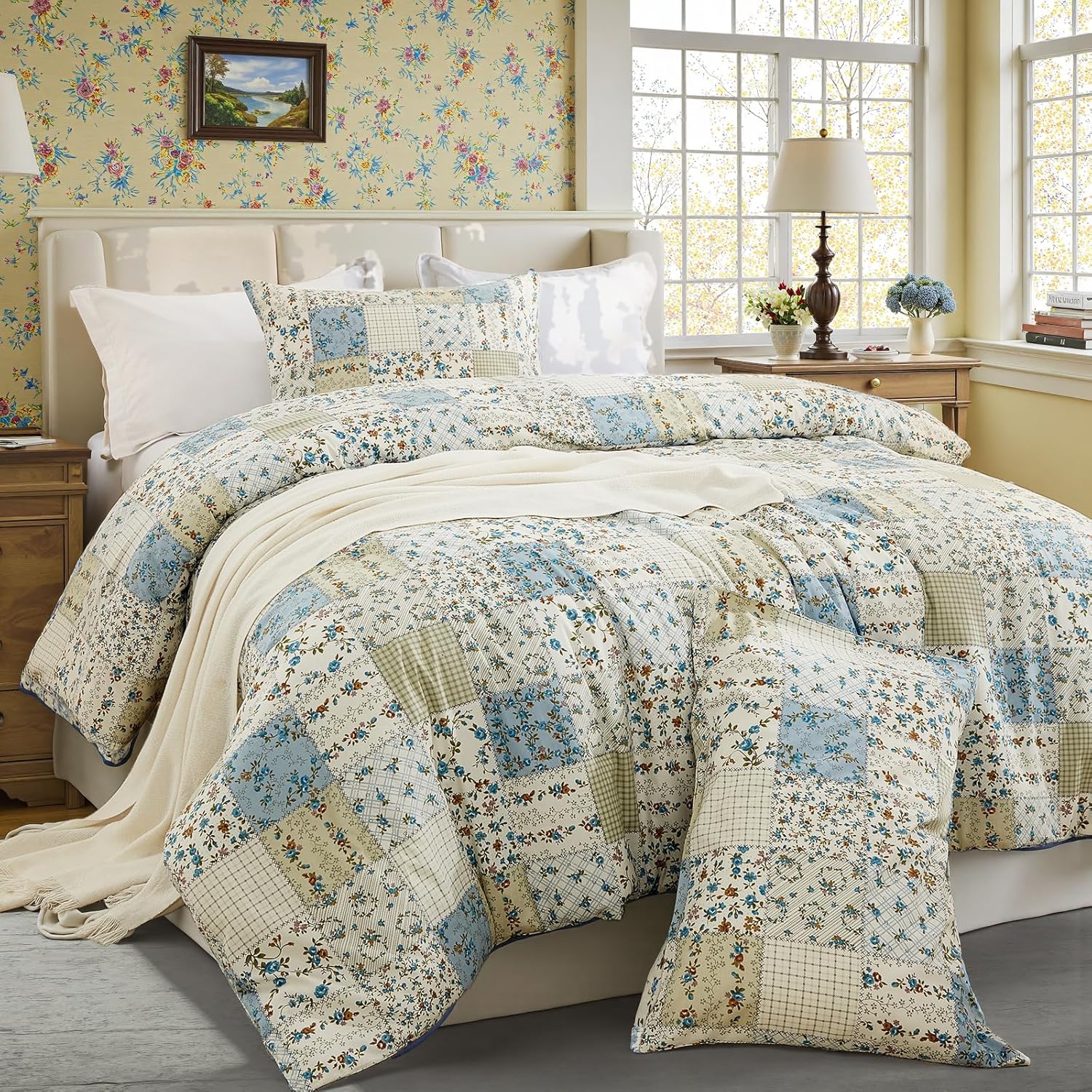 Blue Plant Pattern Pure Cotton Duvet Cover Set (3-Piece) - Image 2